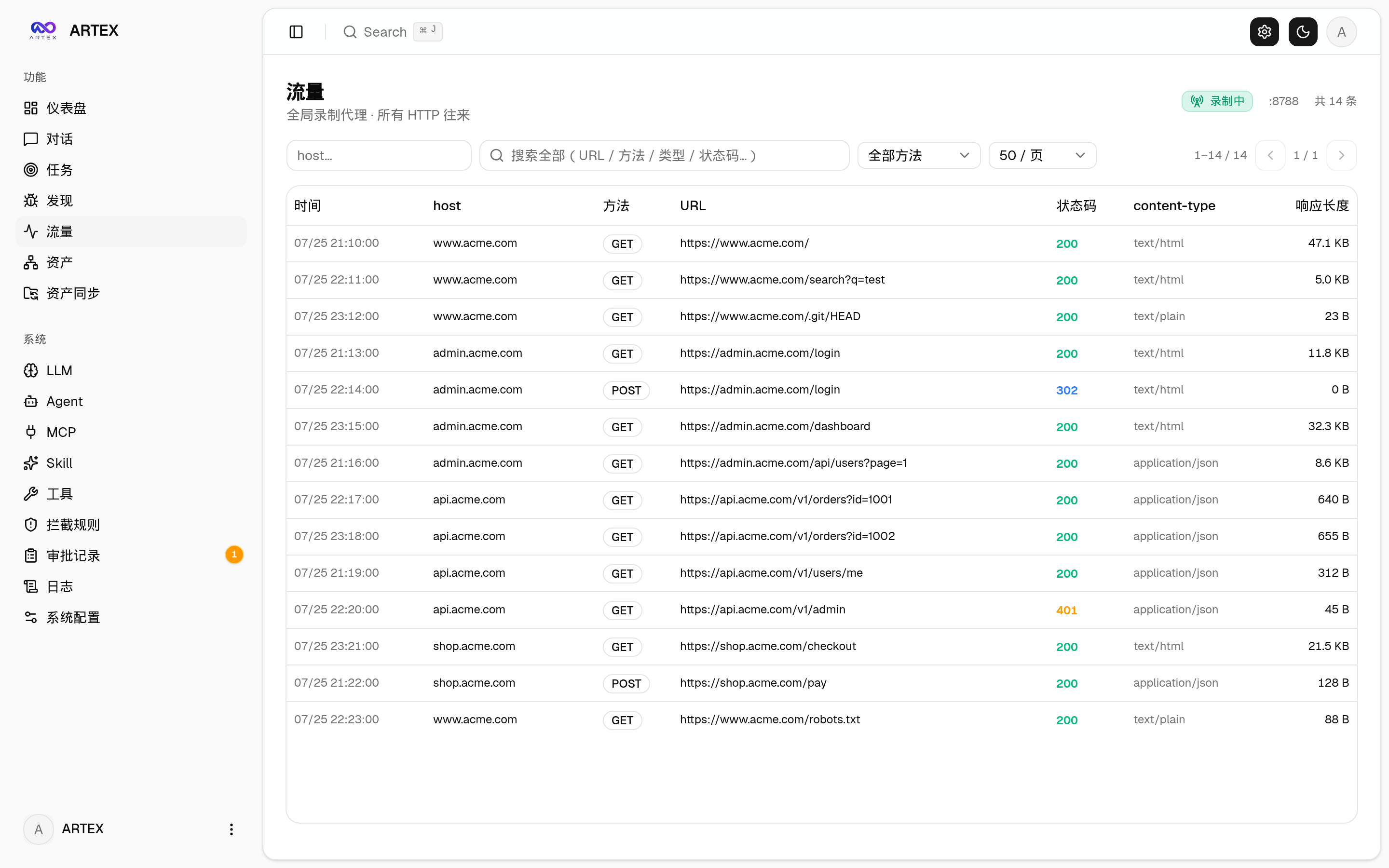 ARTEX 的全局流量录制（官方 demo 界面）